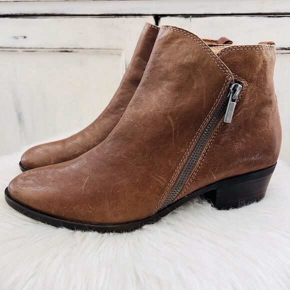 Lucky Brand Shoes - Lucky Brand Bryton Brown Worn Distressed Leather Side Zip Ankle Booties Size 9M